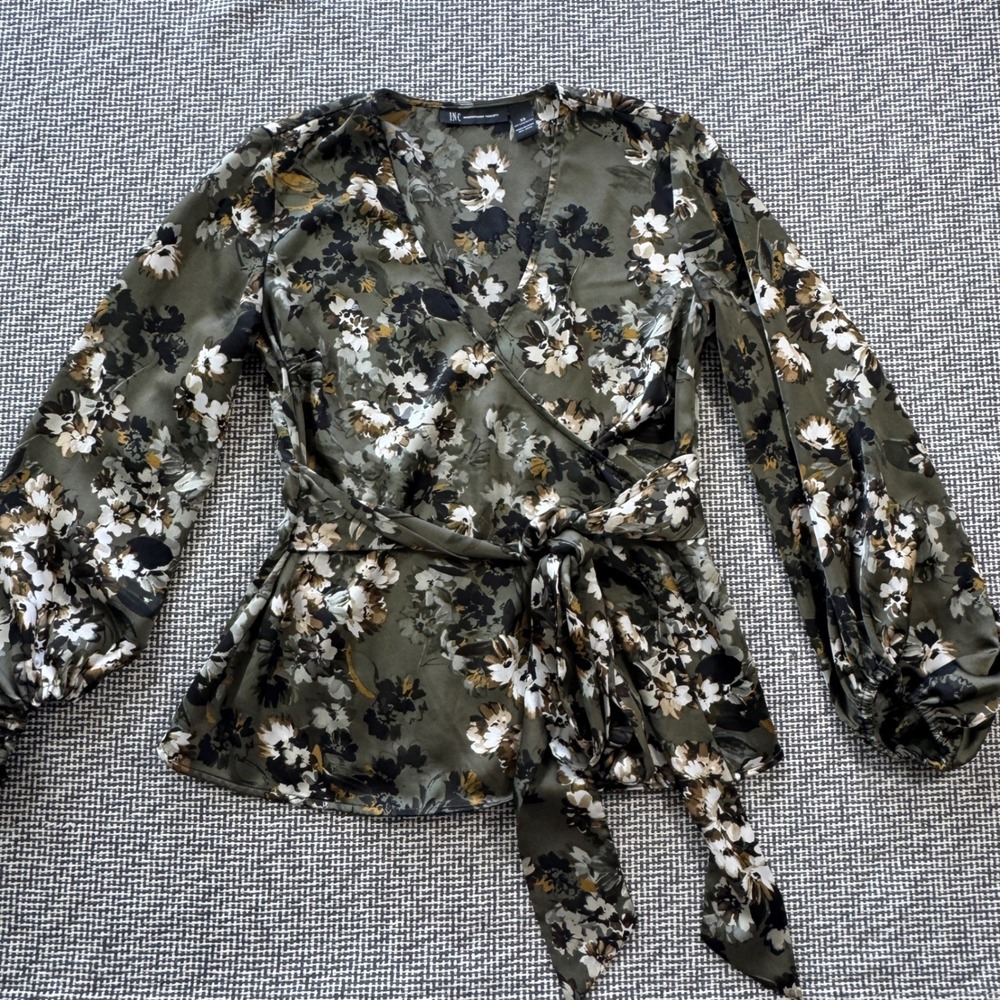 INC International Concepts Olive Floral Wrap Blouse Satin Balloon Sleeve XS